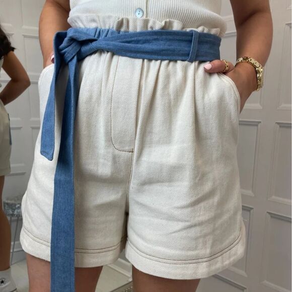 FRNCH Sylvia woven cream blue patchwork colorblock belted high rise shorts - Picture 12 of 14